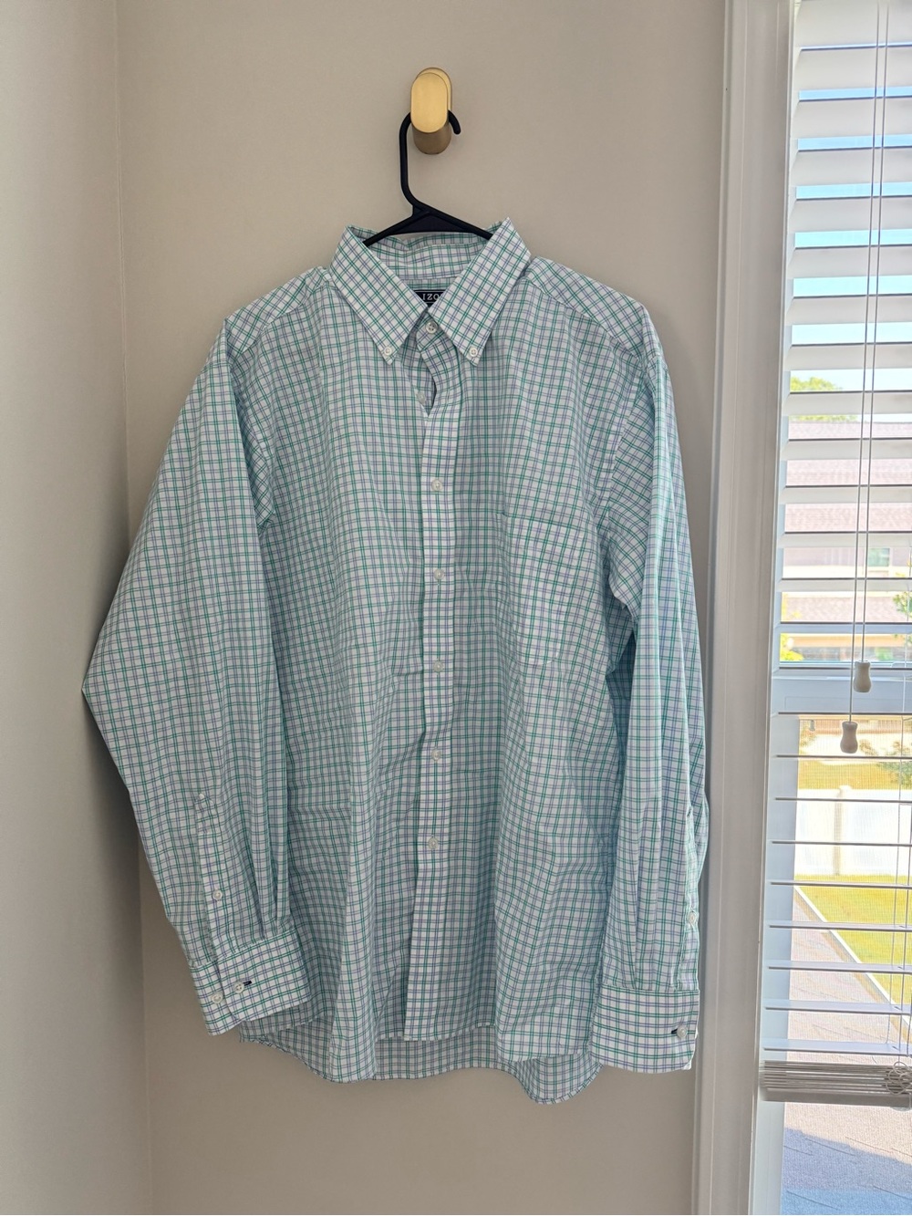 Izod Men's Light Green and White Gingham Button-Down Shirt